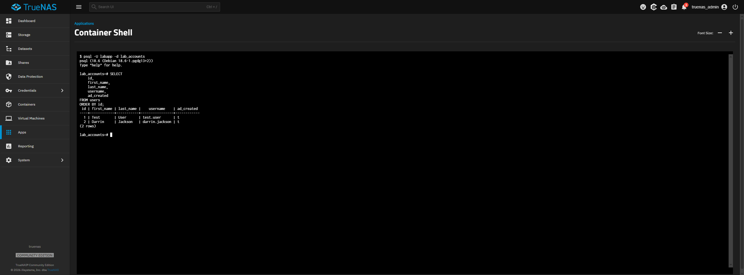 PostgreSQL showing the account marked as successfully provisioned